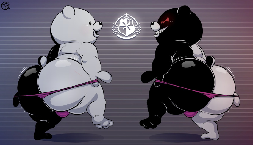 2021 anthro anus big_butt black_body black_butt black_eyes black_nose bulge butt butt_focus clothing clothing_pull danganronpa duo genetic_chimerism glistening glistening_butt glowing glowing_eyes grin hi_res male mammal monokuma multicolored_body multicolored_butt pink_clothing pink_underwear rear_view red_eyes signature smile teeth thick_thighs trashtoonz two_tone_body underwear underwear_pull ursid white_body white_butt