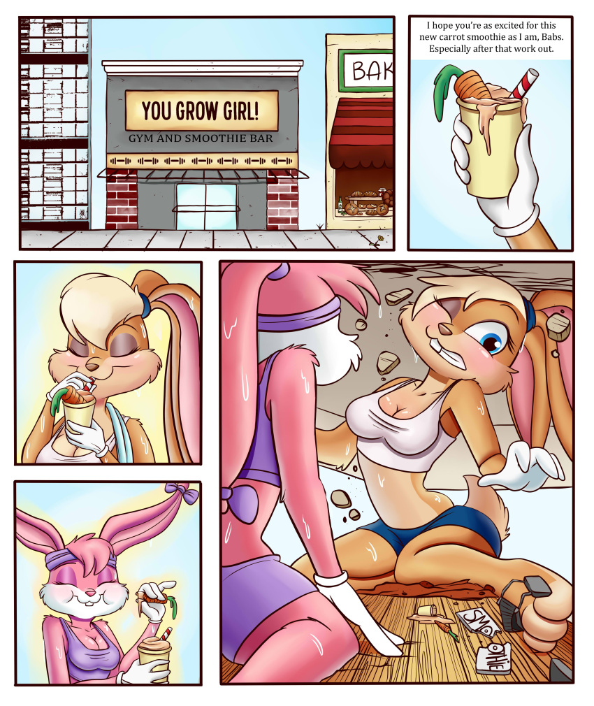 2021 absurd_res anthro babs_bunny bakery beverage blue_clothing bottomwear breasts building carrot city cleavage clothed clothing comic cup destruction english_text eyes_closed food growth gym hi_res lagomorph leporid lola_bunny looney_tunes mammal one_eye_closed plant purple_clothing rabbit shorts sign smoothie straw text tiny_toon_adventures titantigress treadmill vegetable warner_brothers white_clothing