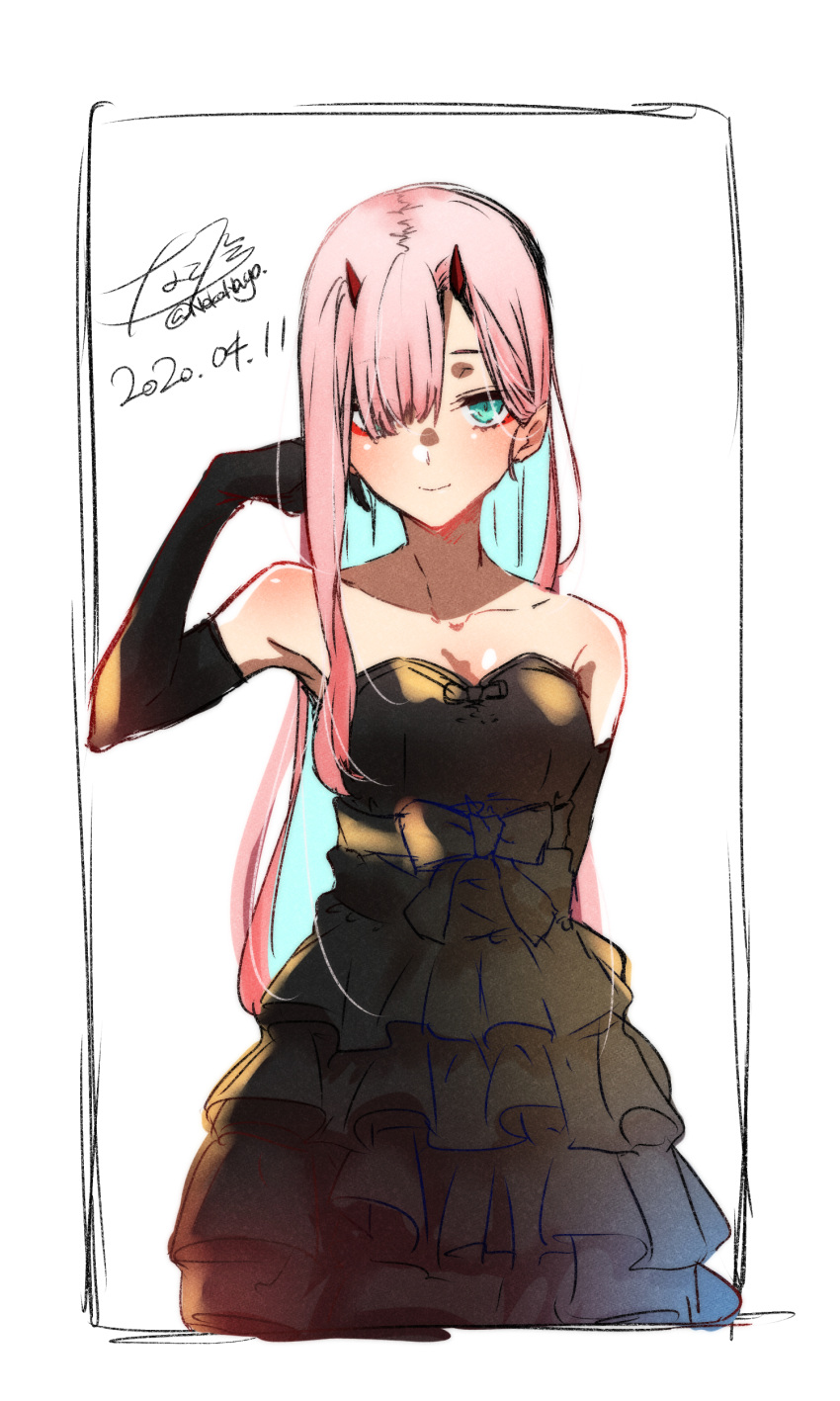 1girl 2020 absurdres arm_behind_back bangs black_dress black_gloves blue_eyes closed_mouth collarbone cowboy_shot darling_in_the_franxx dated dress elbow_gloves gloves hair_over_one_eye hand_in_hair highres horns layered_dress long_hair looking_at_viewer makeup mascara nakoya_(nane_cat) pink_hair shiny shiny_skin signature sketch sleeveless sleeveless_dress smile solo standing strapless strapless_dress twintails twitter_username very_long_hair white_background zero_two_(darling_in_the_franxx)