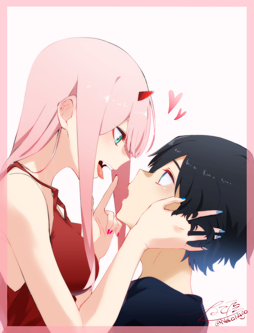 1boy 1girl absurdres aqua_eyes black_hair blue_eyes blue_nails blue_shirt border breasts couple darling_in_the_franxx dress eye_contact from_side hand_in_another's_hair hetero highres hiro_(darling_in_the_franxx) index_finger_raised long_hair looking_at_another medium_breasts multicolored multicolored_nails nail_polish nakoya_(nane_cat) open_mouth pink_border pink_hair red_dress red_nails shiny shiny_hair shirt signature simple_background sleeveless sleeveless_dress spaghetti_strap tongue tongue_out twitter_username white_background zero_two_(darling_in_the_franxx)