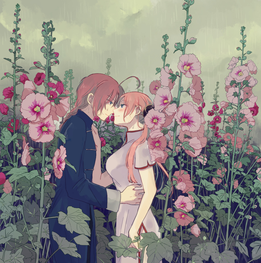 1boy 1girl ahoge blush brother_and_sister bun_cover china_dress chinese_clothes closed_mouth cloud cloudy_sky couple cowboy_shot dress field flower flower_field from_side gintama grey_dress hand_on_another's_hip hand_on_another's_shoulder hetero highres imminent_kiss incest kagura_(gintama) kamui_(gintama) long_hair nuka orange_hair pink_flower rain red_hair shiny shiny_hair short_sleeves siblings side_slit sky twintails