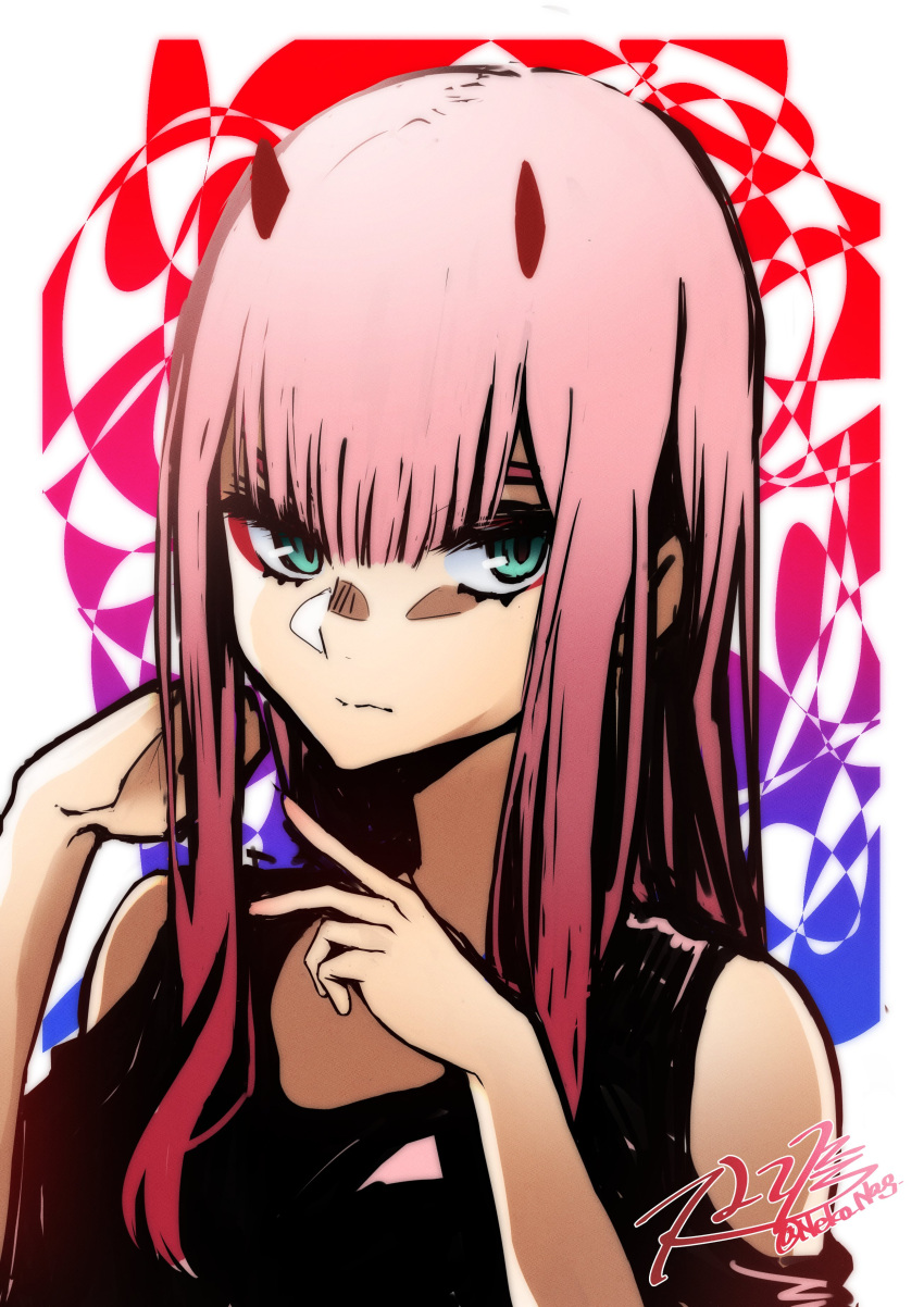 1girl absurdres aqua_eyes bangs black_shirt blunt_bangs closed_mouth clothing_cutout darling_in_the_franxx gradient_hair hair_between_eyes highres horns long_hair looking_at_viewer makeup mascara multicolored_hair nakoya_(nane_cat) pink_hair red_hair shirt shoulder_cutout signature sketch solo straight_hair twitter_username upper_body zero_two_(darling_in_the_franxx)