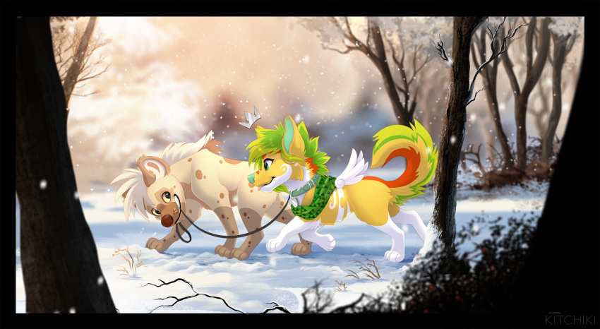 2021 4_toes ambiguous_gender canid canine canis collar day detailed_background digital_media_(artwork) domestic_dog duo feet feral forest fur green_hair hair hi_res hyaenid kitchiki leash mammal outside paws plant smile snow tan_body tan_fur toes tree