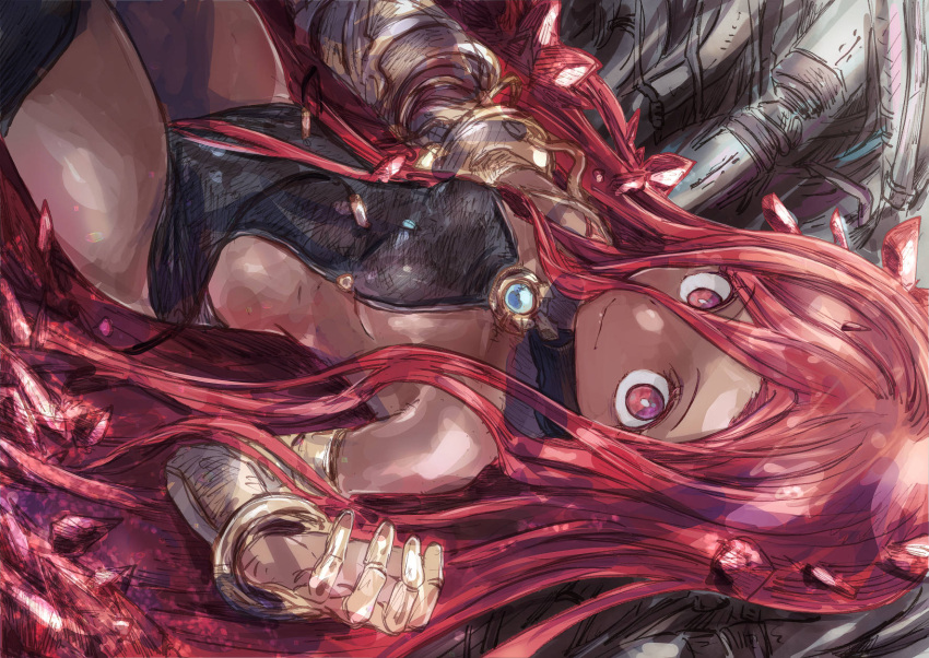 1girl bare_shoulders brooch elbow_gloves gloves granblue_fantasy highres jewelry long_hair looking_at_viewer lying on_back red_eyes red_hair smile solo very_long_hair yatima yohane