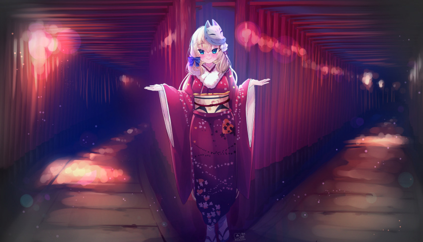 1girl :&gt; akai_haato blonde_hair blue_bow blue_eyes blush bow breasts fox_mask fur_trim furisode hair_bow highres hololive japanese_clothes kimono looking_at_viewer magowasabi mask mask_on_head medium_breasts obi open_hands red_kimono sandals sash smile solo torii virtual_youtuber wide_sleeves