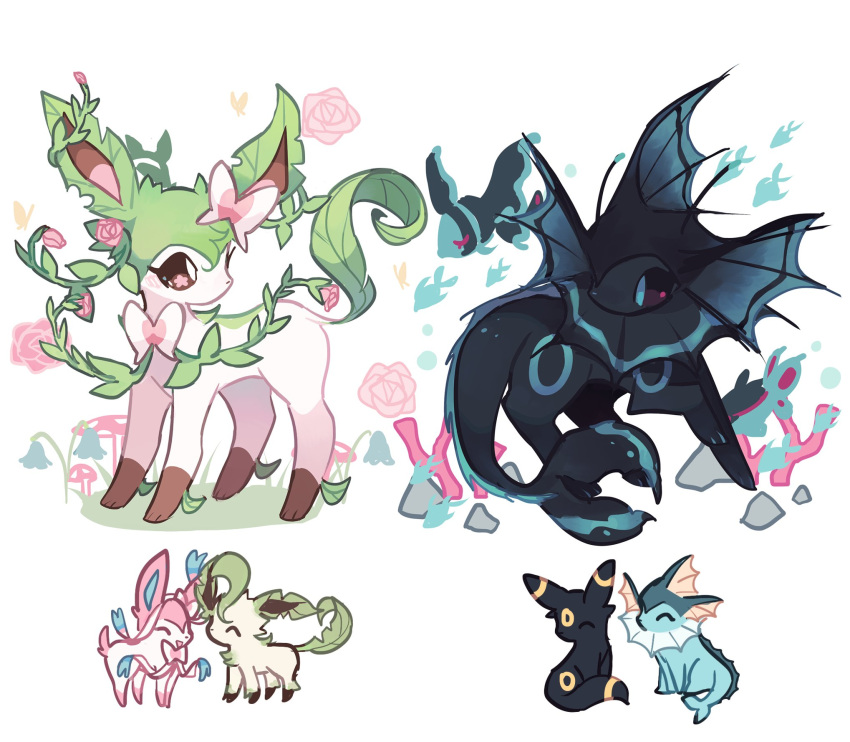 brown_eyes charamells commentary english_commentary fusion gen_1_pokemon gen_2_pokemon gen_4_pokemon gen_6_pokemon grass highres leafeon looking_back no_humans paws pokemon pokemon_(creature) standing sylveon toes umbreon vaporeon