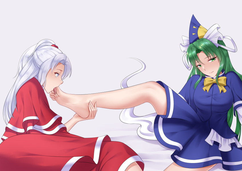 2girls absurdres barefoot bed_sheet blue_eyes bow breasts commentary dress feet foot_licking ghost_tail green_eyes green_hair hair_bobbles hair_bow hair_ornament hat highres large_breasts licking long_hair mima_(touhou) multiple_girls oirin saliva shinki_(touhou) simple_background skirt soles toes tongue touhou white_hair wizard_hat yuri