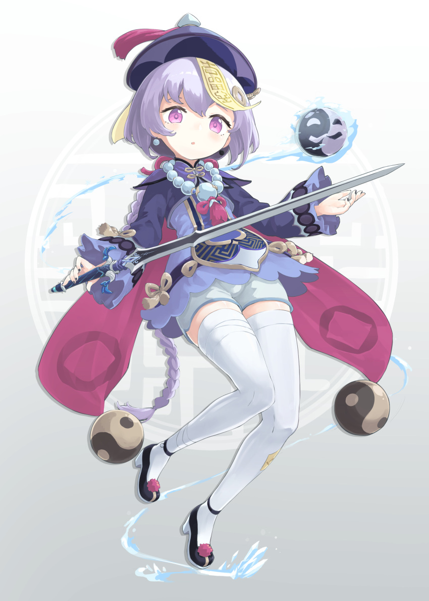 1girl absurdres bangs bead_necklace beads braid dress eyelashes full_body genshin_impact hair_ornament hat highres holding holding_sword holding_weapon jewelry jiangshi light_blush long_hair looking_at_viewer low_braid nano_(mianhua_maoqiu) necklace ofuda parted_lips purple_eyes purple_hair qing_guanmao qiqi_(genshin_impact) short_shorts shorts shrug_(clothing) silver_hair single_braid sleeveless sleeveless_dress solo surprised sword thighhighs weapon white_legwear