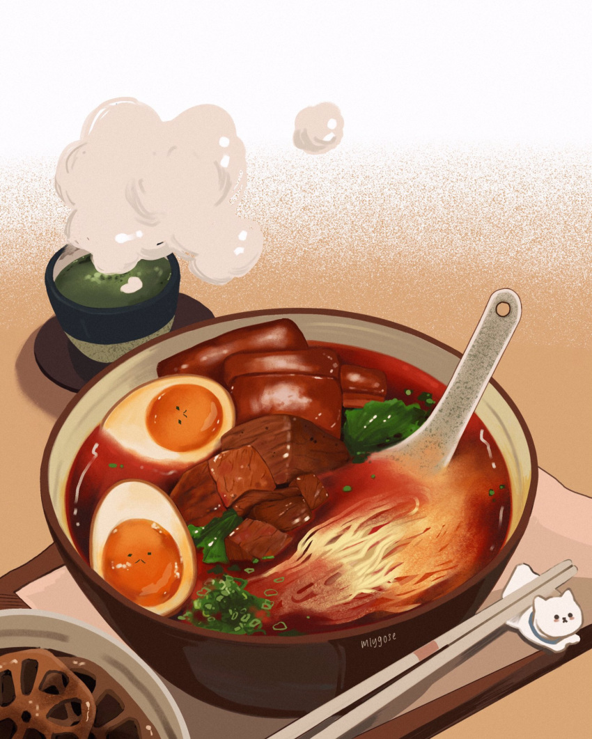 bowl chopstick_rest chopsticks cup drink egg english_commentary food food_focus garnish green_tea halfboiled_egg highres lotus_root meat mlygose no_humans noodles original realistic simple_background soup spoon spring_onion steam still_life tea vegetable