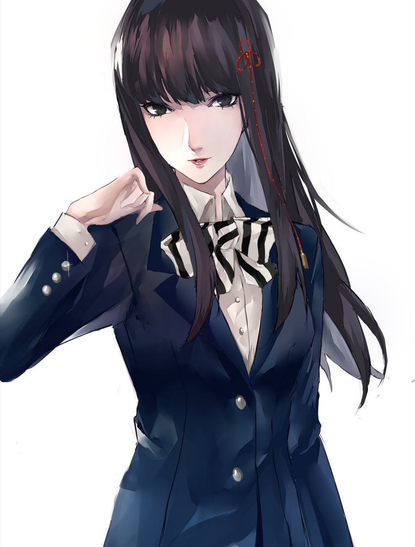 1girl arm_up bangs black_eyes black_hair blazer blunt_bangs bow bowtie breasts buttons closed_mouth collared_shirt hair_ornament highres hime_cut jacket kosei_high_school_uniform long_hair looking_at_viewer multicolored_bow persona persona_5 pertex_777 pleated_skirt school_uniform shirt simple_background skirt solo tougou_hifumi white_background white_shirt