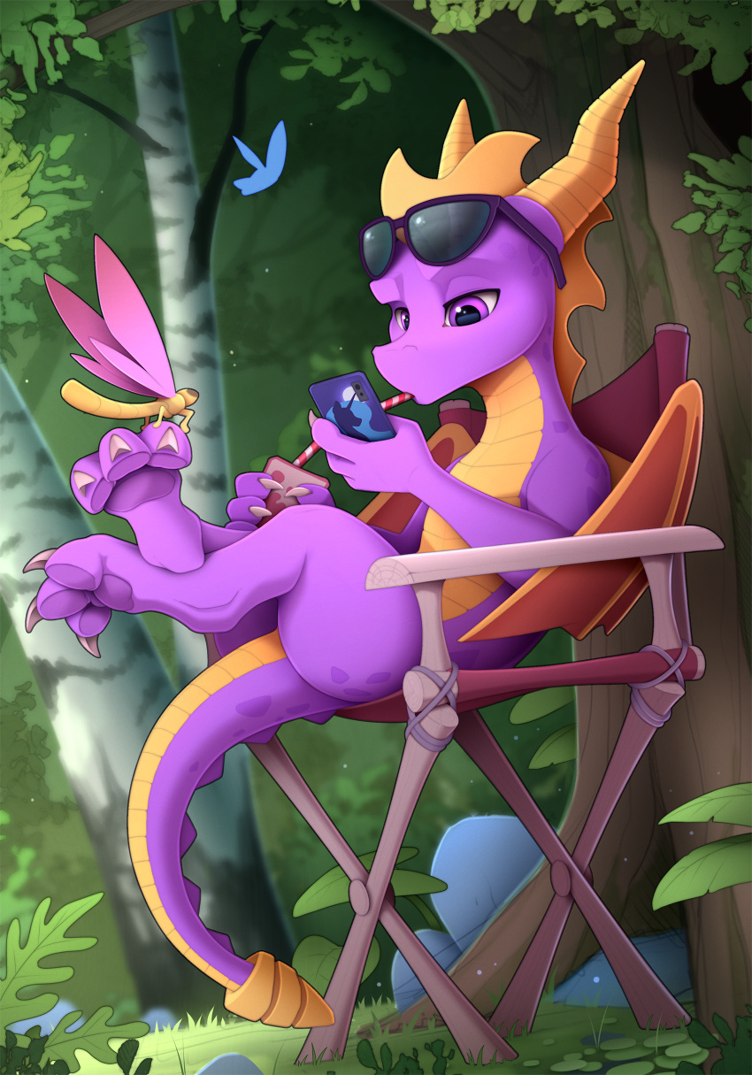2021 absurd_res activision arthropod beverage butterfly chair claws digital_media_(artwork) dragon dragonfly eyewear eyewear_on_head feral furniture hi_res holding_object horn insect lepidopteran male membrane_(anatomy) membranous_wings plant purple_eyes scalie sitting sparx spyro spyro_the_dragon sunglasses sunglasses_on_head toe_claws tree video_games western_dragon wings yakovlev-vad