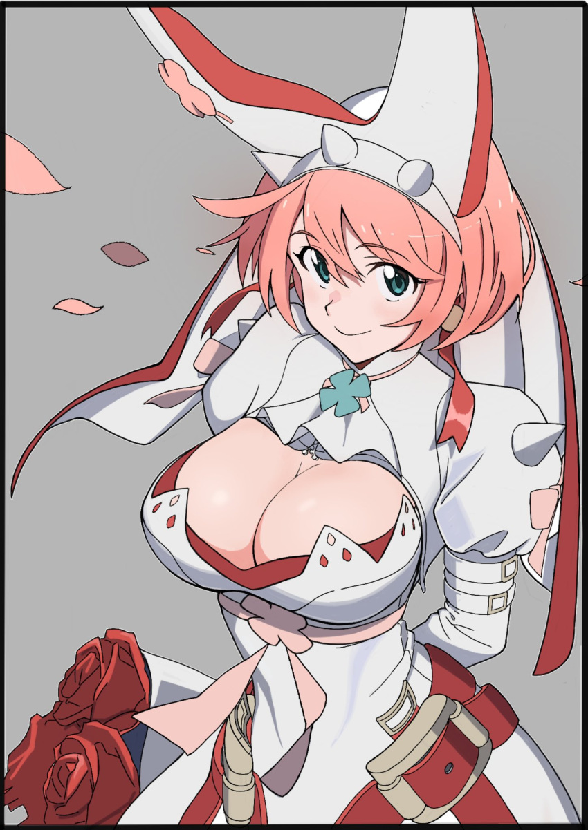 1girl ahoge animal_ears arms_behind_back belt blue_eyes bracelet breasts bridal_veil bunny_ears cherry_blossoms cleavage cleavage_cutout closed_mouth clothing_cutout clover dress earrings elphelt_valentine fake_animal_ears flower four-leaf_clover grey_background guilty_gear guilty_gear_xrd gun hair_between_eyes handgun highres holding jewelry kazuma large_breasts looking_at_viewer medium_hair petals pink_hair rose simple_background smile solo spikes veil weapon wedding_dress