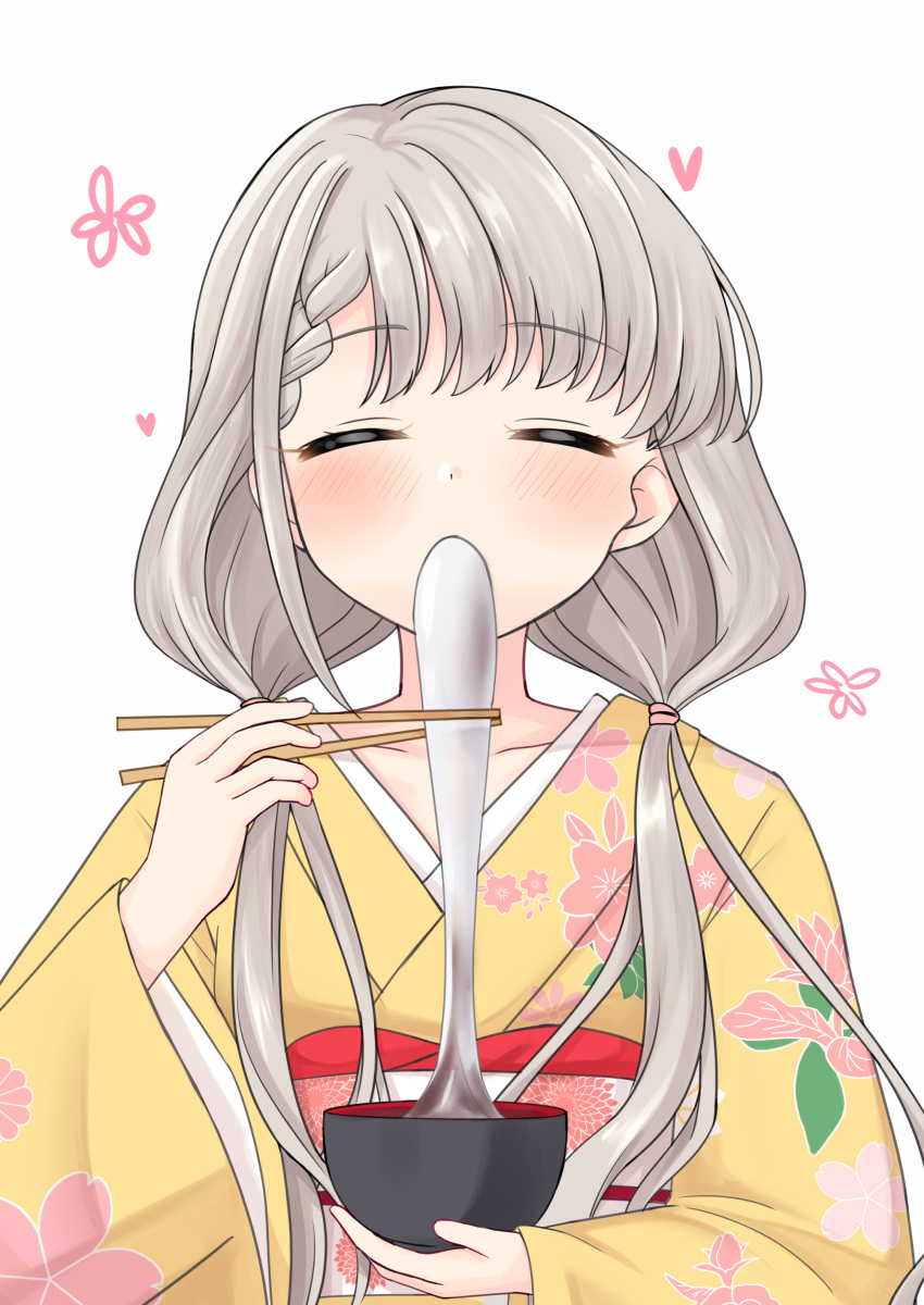 1girl absurdres bangs blush bowl braid braided_bangs chopsticks closed_eyes collarbone commentary_request eating eyebrows_visible_through_hair facing_viewer floral_print furisode hair_over_shoulder highres hisakawa_nagi holding holding_bowl holding_chopsticks idolmaster idolmaster_cinderella_girls idolmaster_cinderella_girls_starlight_stage japanese_clothes kimono long_hair long_sleeves looking_at_viewer low_twintails mitsumine_raimu mochi obi print_kimono sash simple_background solo twintails upper_body white_background wide_sleeves yellow_kimono