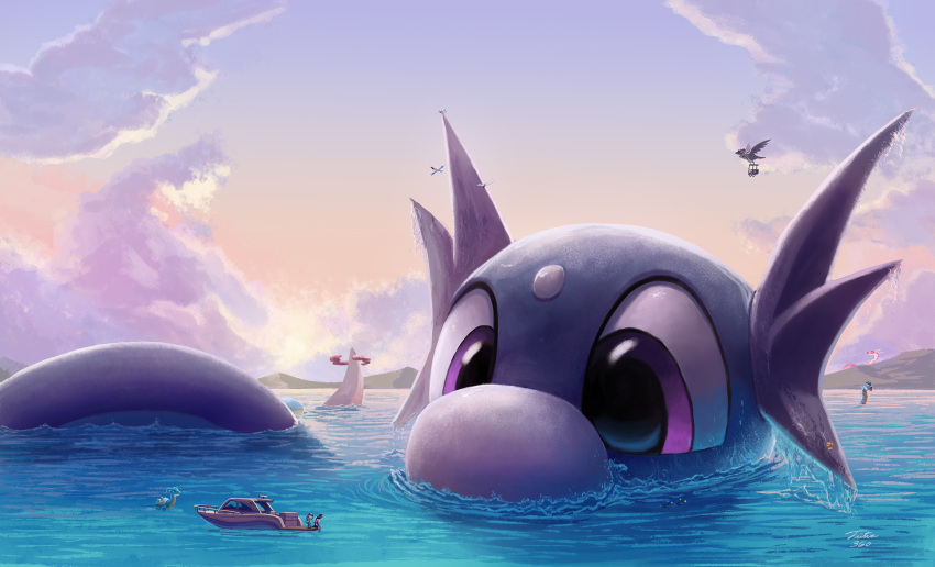 2021 atmospheric_perspective boat cloud corviknight day detailed_background digital_media_(artwork) dratini dynamax feral flying gigantamax_centiskorch gigantamax_pok&eacute;mon group gyarados hi_res lanturn lapras large_group looking_at_another lucario macro magikarp multicolored_body nintendo outside partially_submerged pok&eacute;mon pok&eacute;mon_(species) purple_eyes sea sitting size_difference sky standing swimming tsitra360 vehicle video_games wailord water watercraft wingull