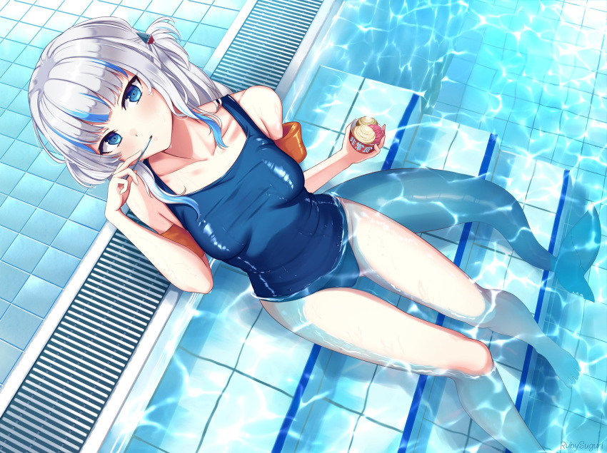 1girl bangs blue_eyes blue_hair blue_swimsuit blunt_bangs breasts collarbone eating fish_tail food from_above gawr_gura highres hololive hololive_english ice_cream long_hair looking_at_viewer medium_breasts multicolored_hair one-piece_swimsuit partially_submerged pool poolside ruby_suguri school_swimsuit shark_girl shark_tail silver_hair solo stairs streaked_hair swimsuit tail two_side_up virtual_youtuber water