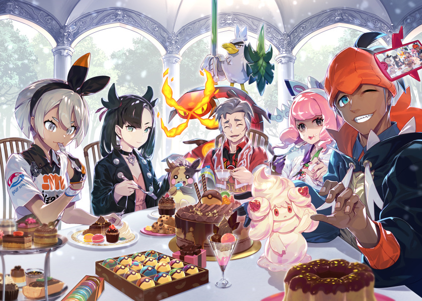 2boys 3girls alcremie alcremie_(strawberry_sweet) aqua_eyes artist_request asymmetrical_bangs asymmetrical_hair bangs bea_(pokemon) black_choker black_eyes black_hair black_hairband black_hoodie black_jacket black_nails bow_hairband cake cardigan centiskorch choker collared_shirt cup cupcake dark_skin dive_ball dress dusk_ball earrings eating eyeshadow fangs food fork friend_ball fruit fur_coat fur_jacket gen_4_pokemon gen_8_pokemon gloves great_ball green_eyes grey_cardigan grey_eyes grey_hair grin gym_leader hair_between_eyes hair_ribbon hairband highres hood hoodie jacket jewelry kabu_(pokemon) klara_(pokemon) level_ball love_ball lure_ball luxury_ball macaron makeup marnie_(pokemon) master_ball medium_hair mole mole_under_mouth moon_ball morpeko multicolored_hair multiple_boys multiple_girls net_ball official_art one_eye_closed open_clothes open_jacket orange_headwear partially_fingerless_gloves pastry pink_dress pink_eyeshadow pink_hair pink_lips poke_ball poke_ball_(basic) pokemon pokemon_(game) pokemon_swsh premier_ball print_shirt quick_ball raihan_(pokemon) red_ribbon repeat_ball ribbon rotom rotom_phone shirt short_hair short_sleeves single_glove sirfetch'd smile strawberry tareme tea teacup timer_ball towel towel_around_neck two-tone_hair ultra_ball undercut white_day white_jacket