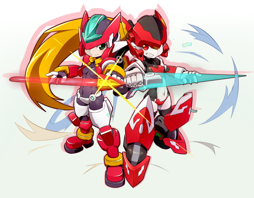 2girls aile_(rockman) android armor bingshan blonde_hair bodystocking bodysuit breasts closed_mouth covered_navel crossover energy_blade energy_sword gloves green_eyes helmet highres holding holding_sword holding_weapon long_hair looking_at_viewer magic_henshin model_zx multiple_girls no_humans ponytail power_armor red_eyes robot rockman rockman_zx scarlet_sonic skin_tight small_breasts smile sword teeth weapon
