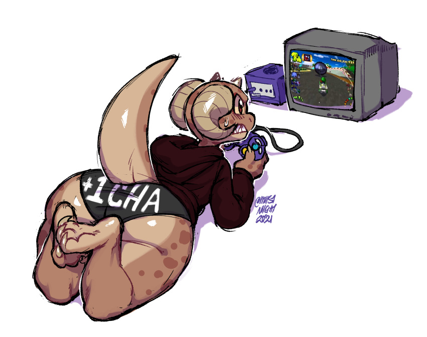 2021 absurd_res anthro big_butt bottomwear brown_body brown_scales butt clothed clothing controller digital_media_(artwork) english_text female gamecube hi_res hoodie horn huge_butt huge_hips kobold lying mario_bros mario_kart miistniight nintendo on_front piko ram_horns reptile scales scalie simple_background solo text thick_thighs topwear underwear video_games wide_hips