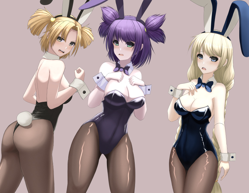 3girls absurdres animal_ears ass black_leotard black_neckwear blonde_hair blue_eyes bow bowtie braid breasts brown_legwear bunny_ears bunny_tail cleavage detached_collar dutch_angle dvach-tan everlasting_summer evgenvas green_eyes highres huge_filesize leotard long_hair looking_at_viewer medium_breasts multiple_girls pantyhose playboy_bunny purple_hair short_hair single_braid slavya-chan strapless strapless_leotard tail twintails unyl-chan wrist_cuffs