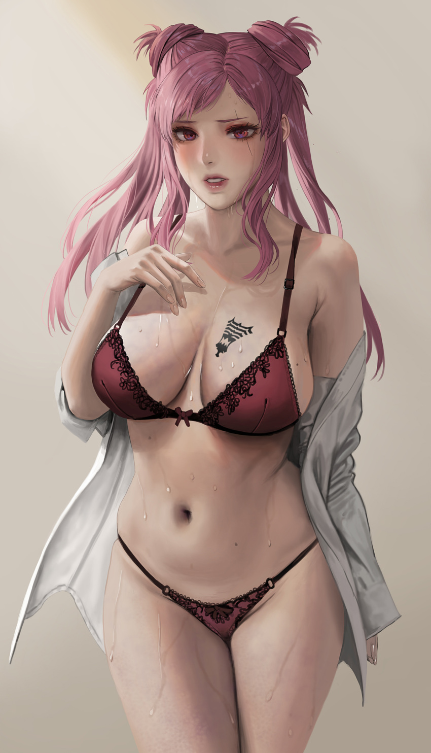 1girl argilla blush bra breast_tattoo breasts cleavage digital_devil_saga double_bun hand_on_own_chest highres janggun lace-trimmed_bra lace-trimmed_panties lace_trim large_breasts looking_at_viewer navel off_shoulder open_clothes open_shirt panties pink_eyes pink_hair red_bra red_panties scar scar_across_eye shin_megami_tensei solo stomach tattoo underwear