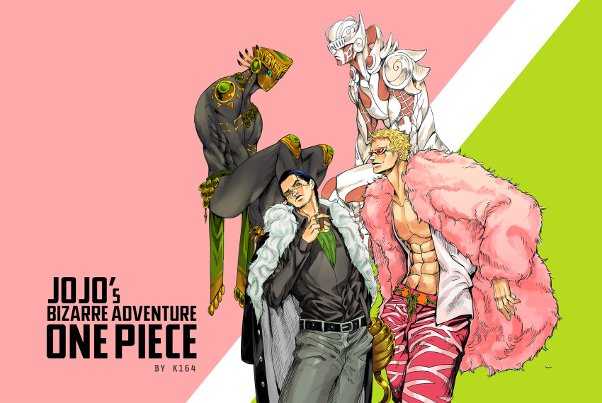 2boys abs arm_at_side arms_at_sides artist_name ascot behind_another belt black_hair black_shirt blonde_hair cigar closed_mouth coat coat_on_shoulders copyright_name covered_eyes donquixote_doflamingo expressionless facing_another fur_coat fur_trim hair_slicked_back hand_up head_tilt height_difference highres holding holding_cigar hook hook_hand jojo_no_kimyou_na_bouken k164 long_sleeves looking_at_viewer male_focus multiple_boys muscular muscular_male one_piece open_clothes open_coat open_shirt pants parody pectorals shichibukai shirt short_hair sir_crocodile smile stand_(jojo) stomach style_parody sunglasses very_short_hair watermark white_shirt