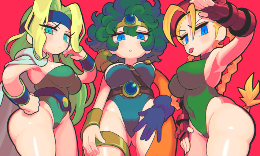 3girls belt beret blonde_hair blue_eyes bracer breasts cammy_white cape celes_chere cleavage covered_nipples crossover dragon_quest dragon_quest_iv final_fantasy final_fantasy_vi fingerless_gloves gashi-gashi gloves green_eyes green_hair green_leotard hat headband heroine_(dq4) highleg highleg_leotard highres large_breasts leotard multiple_crossover multiple_girls single_glove strapless strapless_leotard street_fighter street_fighter_ii_(series) trait_connection