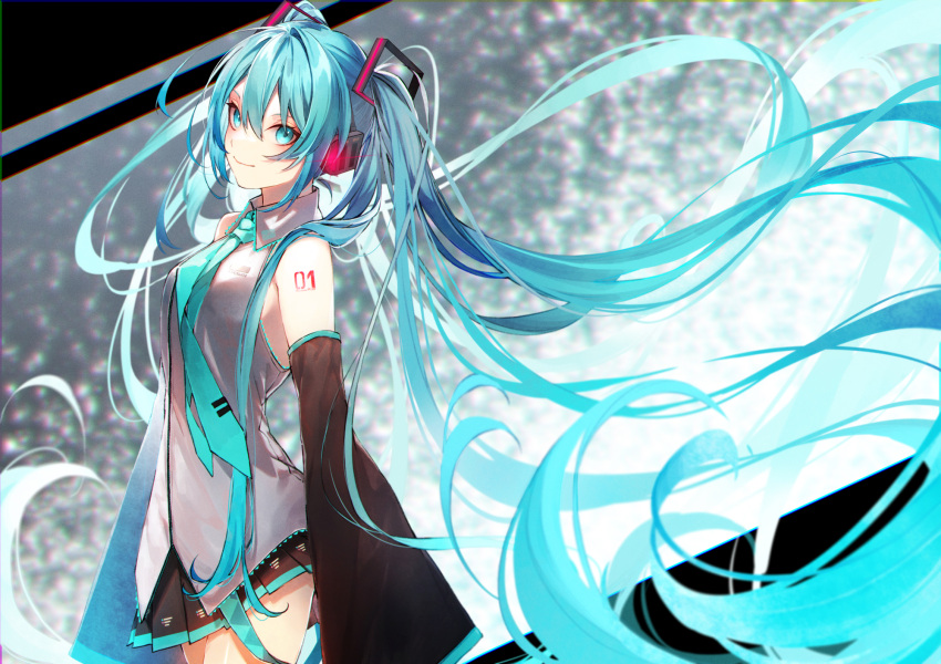 1girl aqua_eyes aqua_hair aqua_neckwear black_sleeves commentary cowboy_shot detached_sleeves hair_between_eyes hatsune_miku head_tilt headphones highres kuwashima_rein long_hair looking_at_viewer necktie pleated_skirt profile skirt smile solo tattoo twintails very_long_hair vocaloid