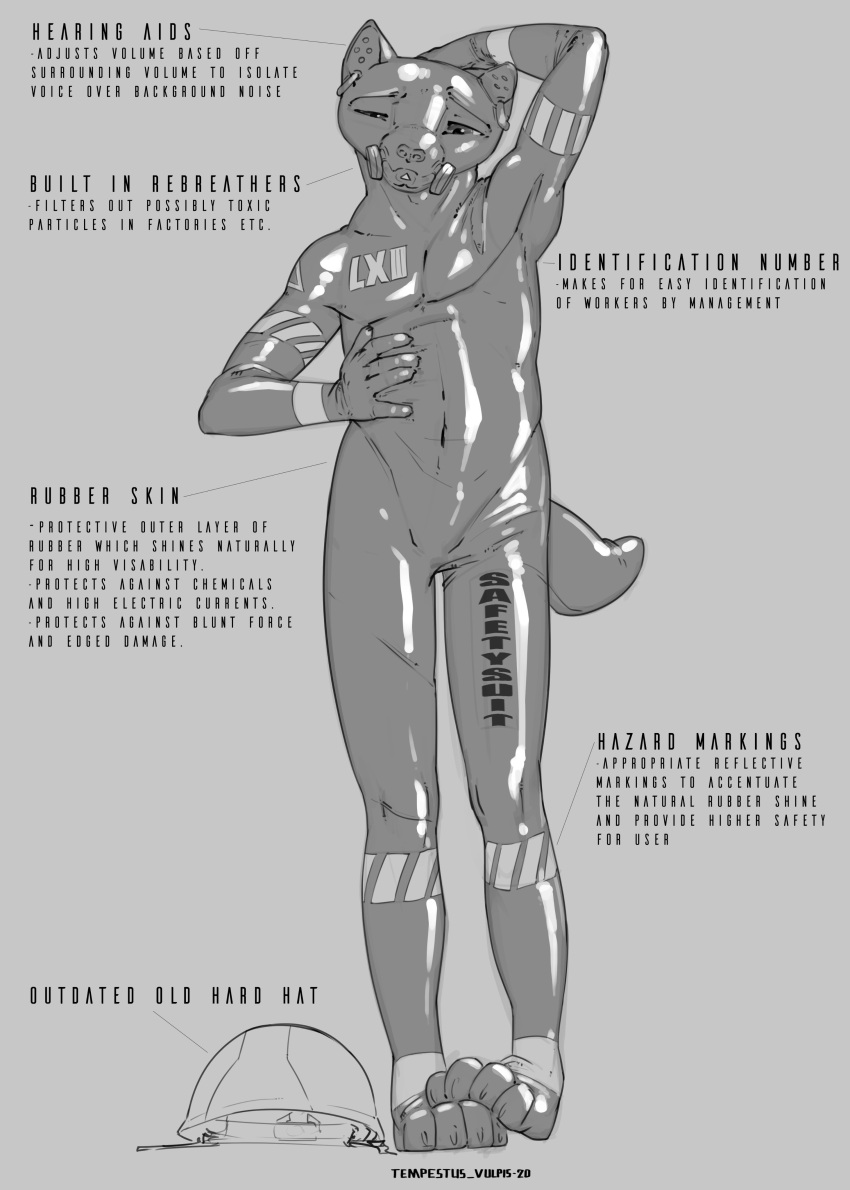 2020 absurd_res ambiguous_gender anthro biped clothing english_text greyscale hi_res monochrome navel rubber rubber_suit solo species_request standing tempestus_vulpis text