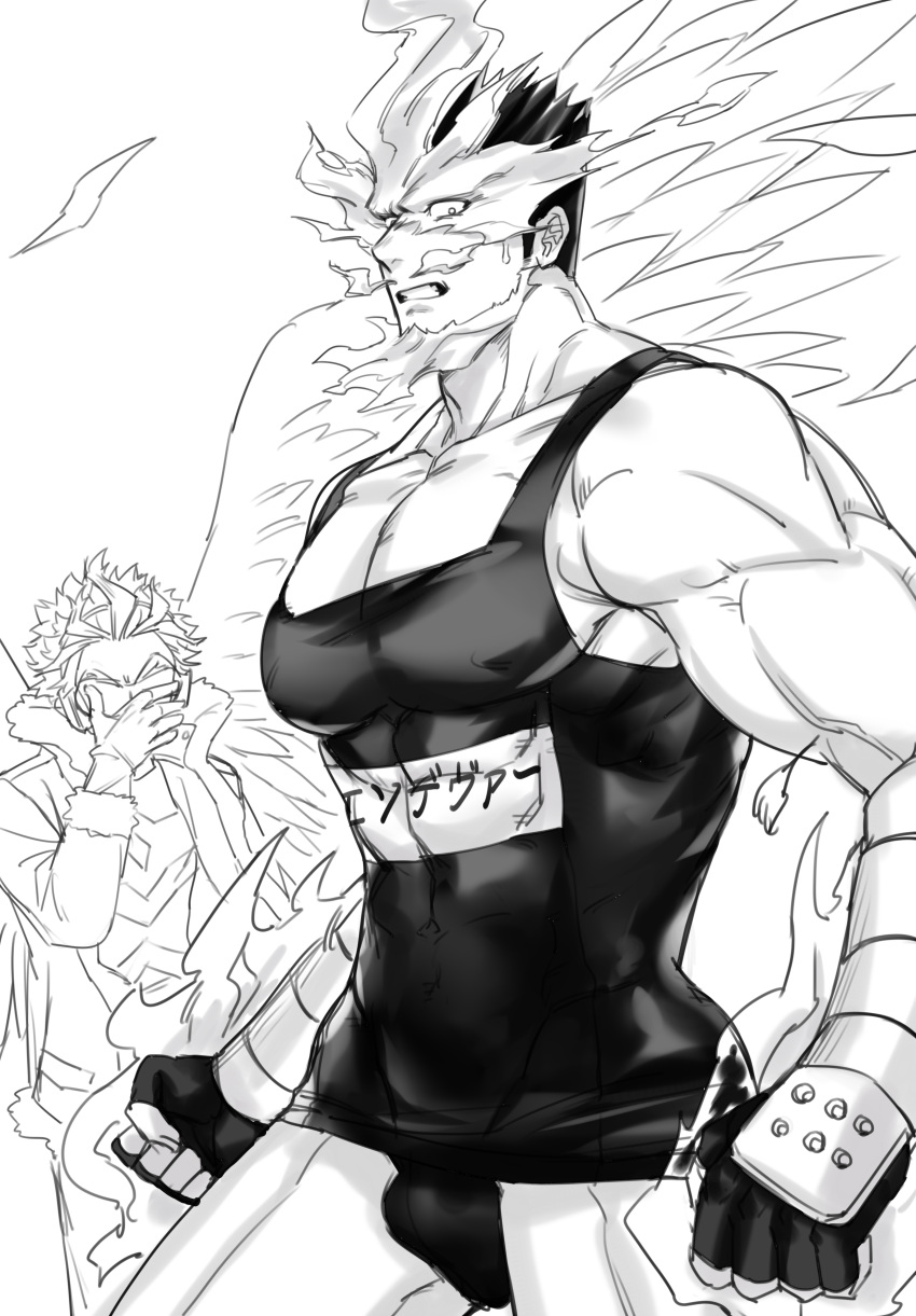 2boys absurdres alternate_costume bare_legs bare_shoulders boku_no_hero_academia briefs bulge couple covered_nipples cowboy_shot facepalm fingerless_gloves fire gloves greyscale hawks_(boku_no_hero_academia) helen_roro highres large_pectorals looking_at_viewer male_cleavage male_focus male_underwear mature_male monochrome multiple_boys muscular muscular_male scar scar_across_eye short_hair sideburns sidepec sign skin_tight spiked_hair thick_thighs thighs todoroki_enji translation_request underwear vambraces yaoi