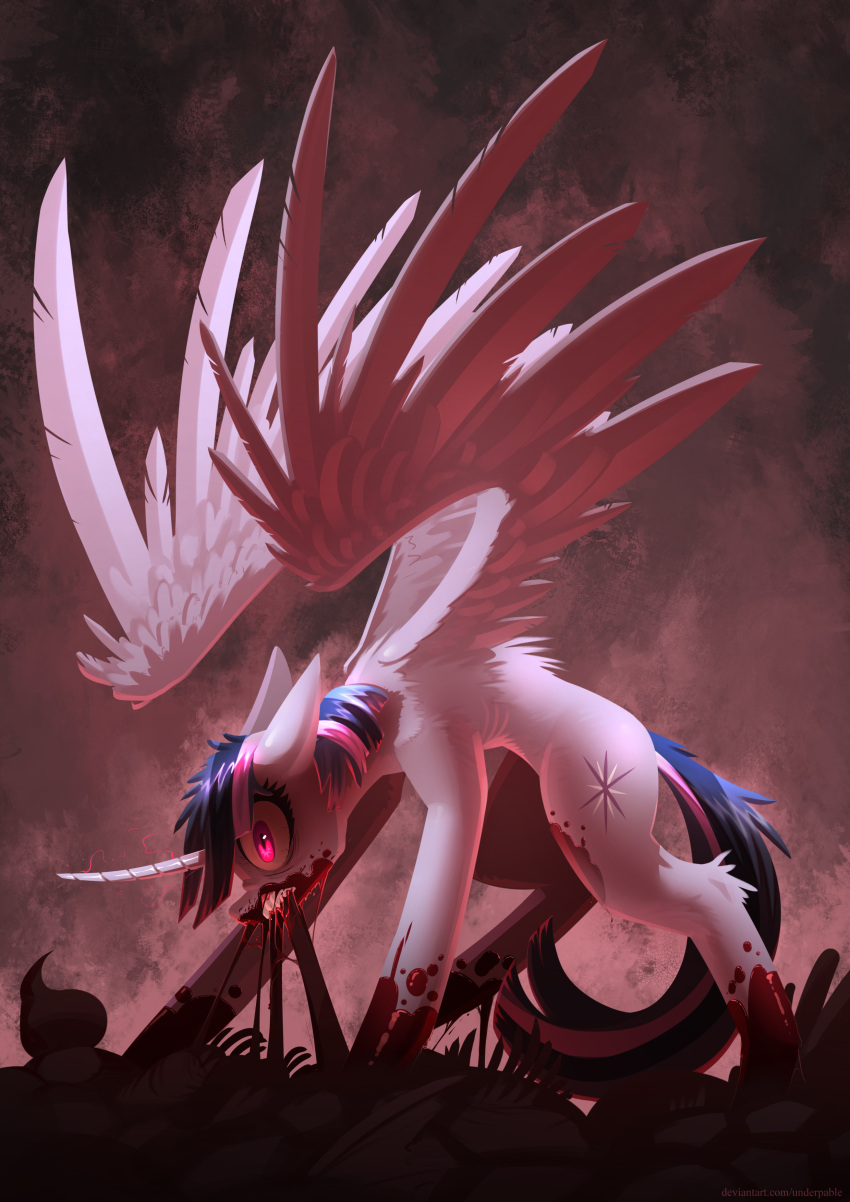 absurd_res big_wings blood bodily_fluids eating equid equine fangs female friendship_is_magic gore hi_res horn looking_at_viewer mammal my_little_pony pupils purple_eyes sharp_teeth slit_pupils teeth twilight_sparkle_(mlp) underpable winged_unicorn wings