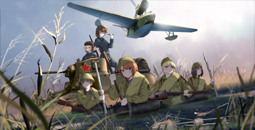 6+girls aircraft armored_vehicle beriev_mbr-2 bird blonde_hair blue_eyes bolt_action breasts brown_hair cloud day float ground_vehicle gun hat m5_stuart military military_hat military_vehicle mosin-nagant motor_vehicle multiple_girls navy original ppsh-41 red_eyes red_hair rifle russian_commentary shuten_(project_sky) soviet star_(symbol) submachine_gun sunlight swan tank tank_helmet water weapon