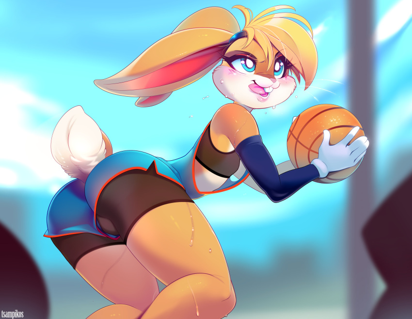 absurd_res anthro ball basketball basketball_(ball) blue_eyes bodily_fluids bra butt clothing female hi_res lagomorph leporid lola_bunny looney_tunes mammal rabbit solo space_jam space_jam_2 sports_bra sportswear sweat teeth tsampikos underwear uniform warner_brothers