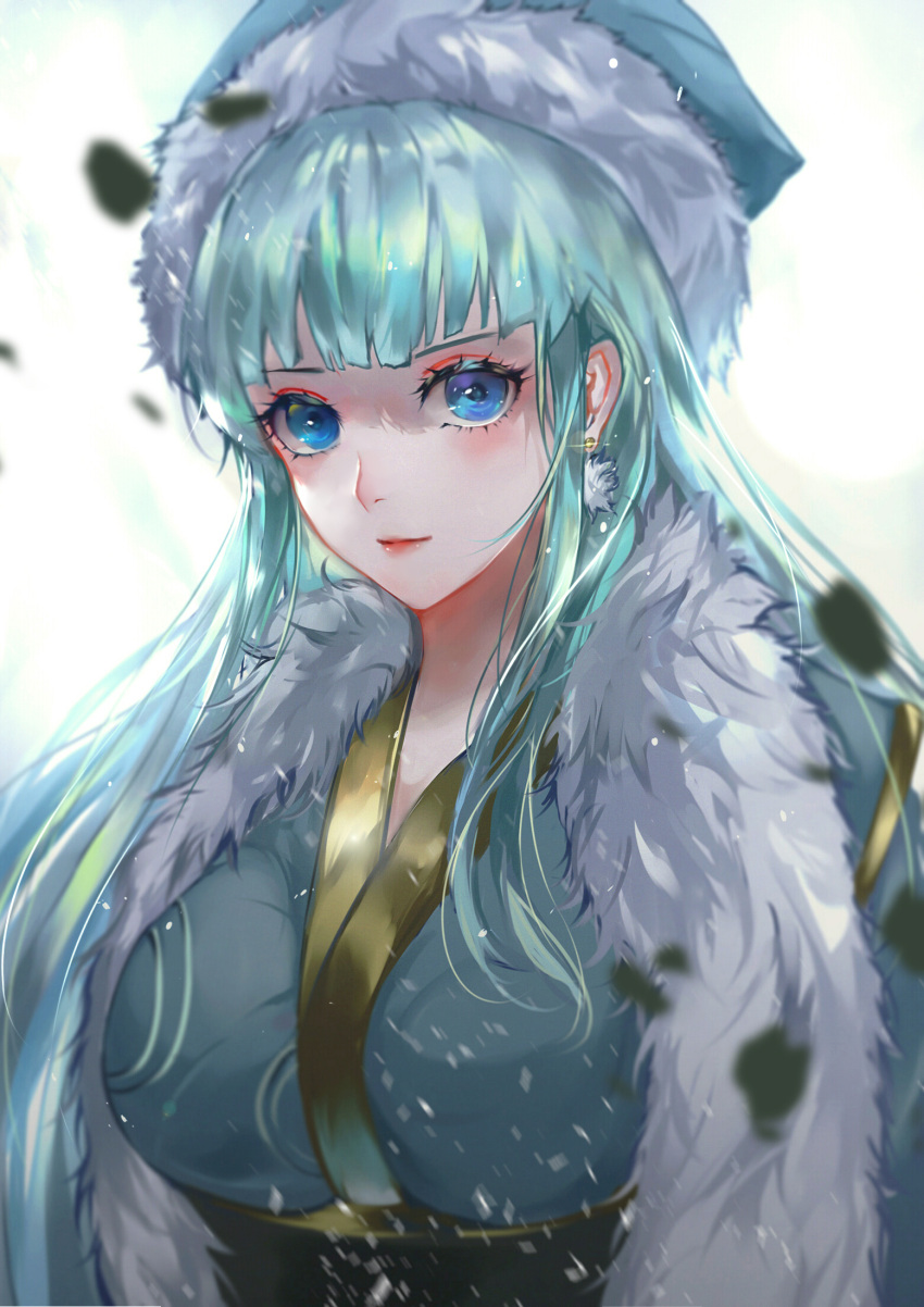 1girl aqua_hair aqua_kimono bangs blue_eyes blunt_bangs breasts character_request earrings fur-trimmed_headwear fur_(clothing) fur_trim hat highres hime_cut japanese_clothes jewelry kimono large_breasts long_hair looking_at_viewer maplestory pom_pom_(clothes) pom_pom_earrings smile solo upper_body vardan white_background