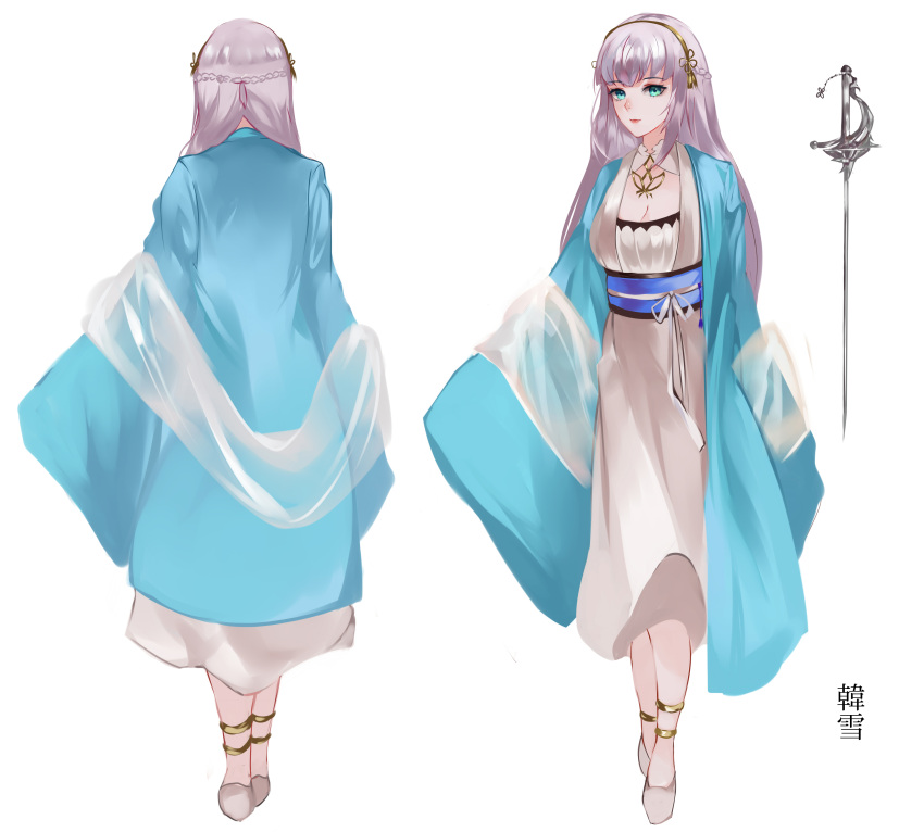 1girl absurdres anklet bangs braid breasts character_name character_request character_sheet chinese_clothes cleavage copyright_request dress full_body hairband highres jewelry long_hair long_sleeves looking_at_viewer multiple_views necklace official_art rapier sash silver_hair sleeves_past_fingers sleeves_past_wrists standing sword vardan weapon white_background white_dress white_footwear wide_sleeves