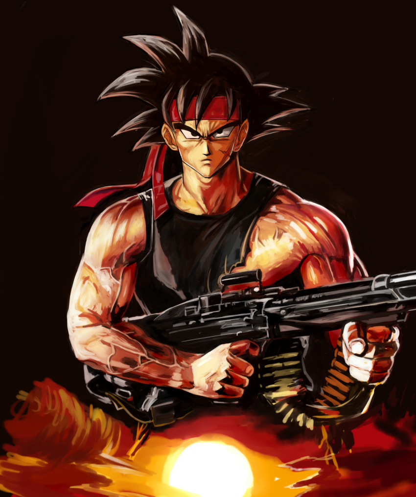 1boy bardock black_eyes black_hair black_shirt brown_background closed_mouth dragon_ball dragon_ball_z finger_on_trigger gun headband highres holding holding_gun holding_weapon john_rambo looking_at_viewer machine_gun male_focus muscular muscular_male pectorals rambo shirt short_hair simple_background solo spiked_hair sunrise taka_(takahirokun) torn_clothes torn_shirt upper_body veiny_hands weapon