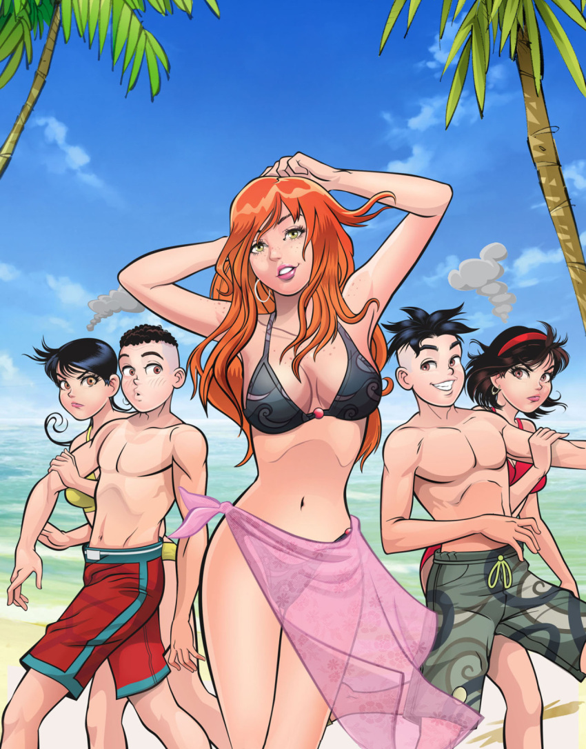 amanda_(turma_da_monica) beach bikini black_bikini black_hair blue_sky breasts cascao_(turma_da_monica) cebolinha_(turma_da_monica) cleavage cloud cloudy_sky day furrowed_eyebrows green_eyes grin hairband highres long_hair looking_at_another looking_at_viewer magali_(turma_da_monica) medium_breasts midriff monica_(turma_da_monica) navel ocean official_art outdoors pose red_hair shirtless short_hair shorts sky smile smoke standing swimsuit turma_da_monica turma_da_monica_jovem upset yellow_bikini zazo_aguiar