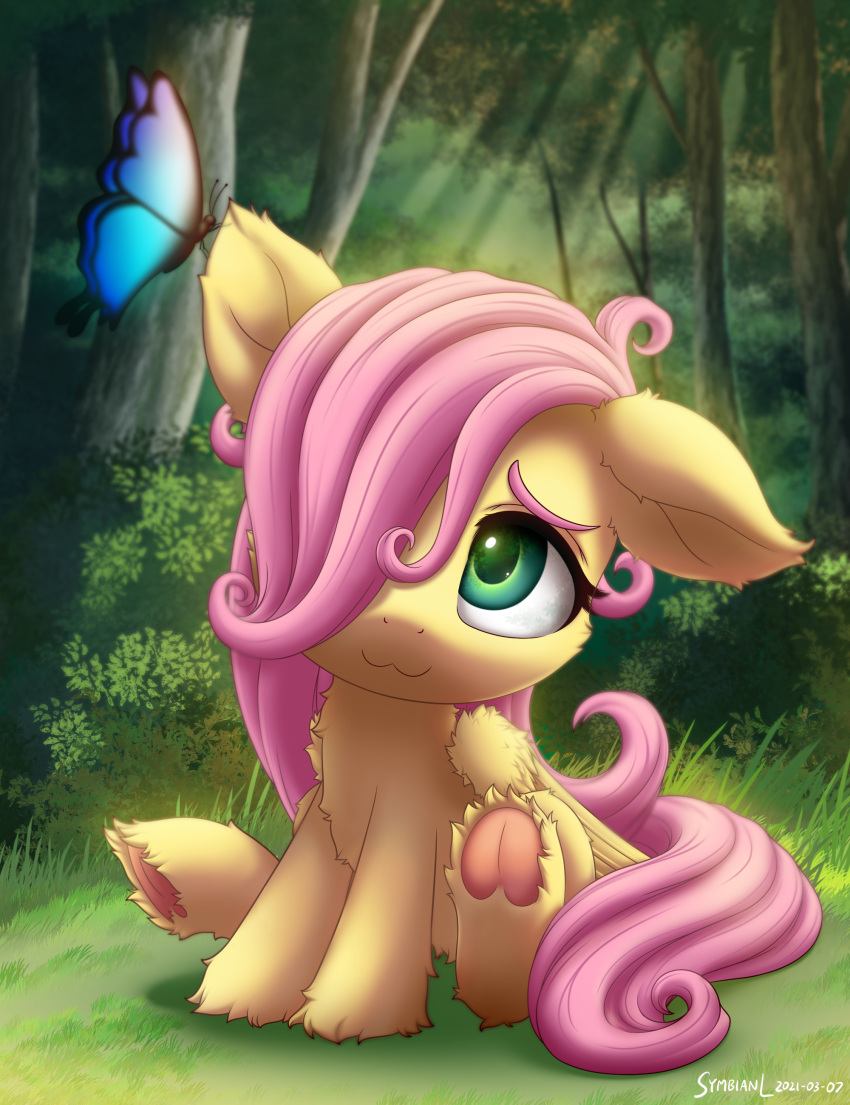 2021 :3 absurd_res arthropod butterfly digital_media_(artwork) equid equine female feral fluttershy_(mlp) friendship_is_magic grass hair hair_over_eye hasbro hi_res hooves insect lepidopteran long_hair mammal my_little_pony one_eye_obstructed pegasus pink_hair plant smile solo symbianl teal_eyes tree underhoof wings young