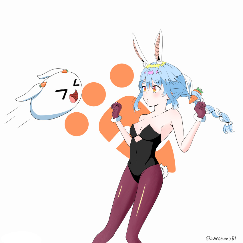 1girl 1other absurdres animal_ear_fluff animal_ears apron bangs bare_arms bare_shoulders black_gloves black_legwear black_leotard blue_hair braid breasts bunny bunny-shaped_pupils bunny_ears bunny_tail carrot_hair_ornament creature cutout_above_navel feet_out_of_frame food_themed_hair_ornament fur-trimmed_gloves fur_trim gloves hair_between_eyes hair_ornament highres hikimayu hololive leotard long_hair looking_at_another multicolored_hair nousagi_(usada_pekora) orange_eyes pantyhose playboy_bunny rabbit_girl short_eyebrows sidelocks small_breasts strapless strapless_leotard sumosumo tail thick_eyebrows twin_braids twintails twitter_username two-tone_hair usada_pekora virtual_youtuber waist_apron white_hair
