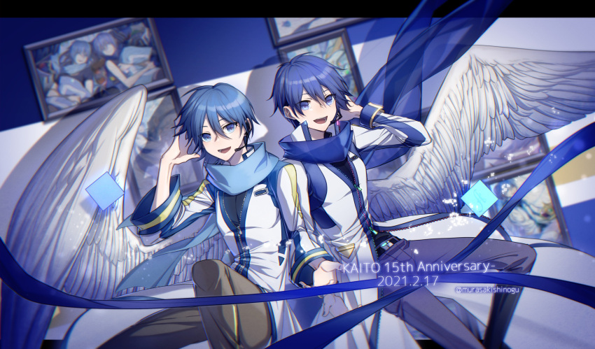 2boys anniversary artist_self-reference belt black_shirt blue_eyes blue_hair blue_pants blue_scarf boots brown_pants character_name coat commentary dated dual_persona feathered_wings hand_on_headphones hand_up headphones headset highres kaito kaito_(vocaloid3) knee_boots looking_at_viewer male_focus multiple_boys pants scarf screen shirt twitter_username vocaloid white_coat wings ziling