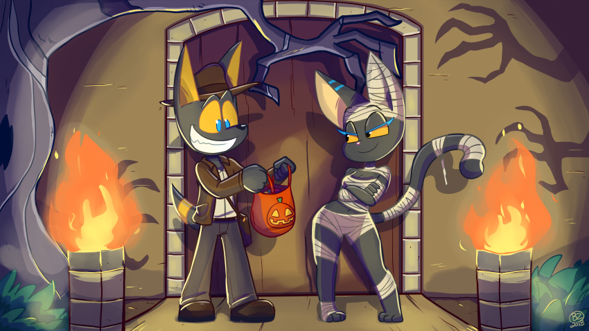 2018 anthro anubian_jackal bandage breasts candy_bag canid canine canis clothed clothing cosplay deity domestic_cat duo ear_piercing egyptian felid feline felis female half-closed_eyes halloween halloween_costume hi_res holidays indiana_jones indiana_jones_(franchise) jack-o'-lantern jack_(jurassiczalar) jackal jewelry jurassiczalar male male/female mammal mummy narrowed_eyes navel piercing purrsia temple_hunters toony torch undead