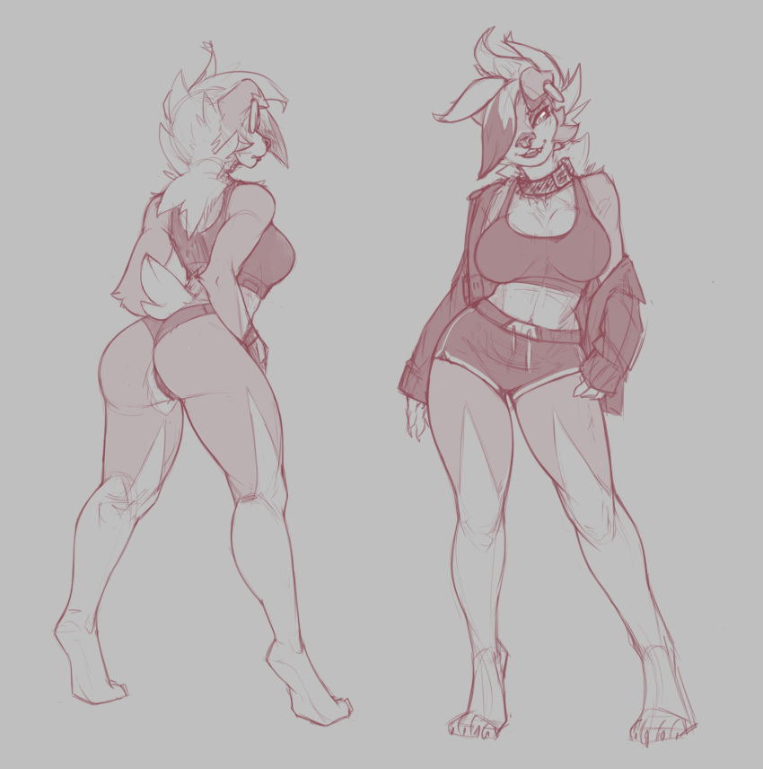 2020 anthro bottomwear bra clothing female front_view hi_res lily_(serpentine-drifter) looking_at_viewer lycanroc midnight_lycanroc monochrome nintendo pok&eacute;mon pok&eacute;mon_(species) rear_view serpentine-drifter shorts sketch solo sports_bra standing underwear video_games