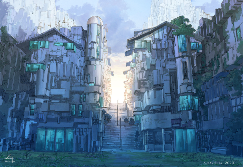 artist_name building city cityscape cloud commentary_request grass highres k_kanehira no_humans original scenery sky stairs urban window
