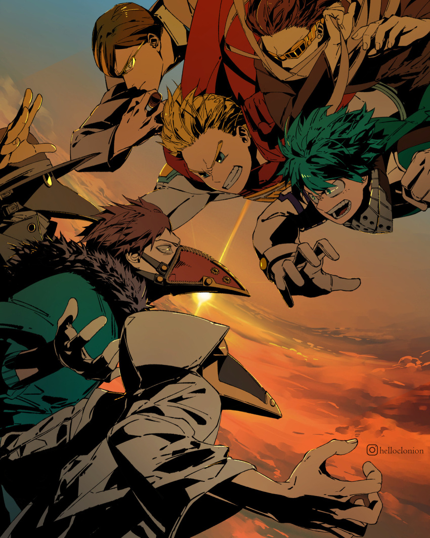 6+boys aizawa_shouta artist_name bandages between_fingers black_headwear blue_eyes boku_no_hero_academia cape chisaki_kai clenched_hand clenched_teeth clonion closed_mouth cloud commentary constricted_pupils elbow_gloves english_commentary fingernails formal freckles fur-trimmed_jacket fur_trim furrowed_eyebrows glasses gloves goggles green_eyes green_hair green_jacket hand_up hat highres holding hood hood_up hooded_robe jacket kurono_hari long_sleeves male_focus mask mask_around_neck mask_removed midoriya_izuku mouth_mask multicolored_hair multiple_boys nemoto_shin open_mouth outstretched_arms plague_doctor_mask purple_hair red_cape robe sanpaku scarf short_hair shouting sir_nighteye sky stamp suit sunset teeth togata_mirio two-tone_hair white_gloves white_robe yellow-framed_eyewear