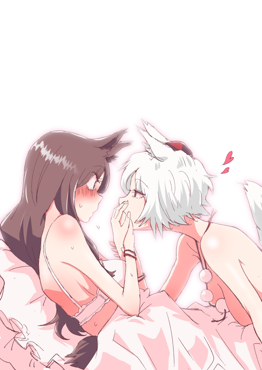 2girls absurdres animal_ears blanket blush bra breasts face-to-face from_side hand_on_another's_mouth hat heart highres imaizumi_kagerou inubashiri_momiji long_hair medium_breasts multiple_girls non_(z-art) nude pillow pom_pom_(clothes) profile red_headwear short_hair sweat tail tokin_hat touhou underwear white_background white_bra white_hair wolf_ears wolf_tail yuri