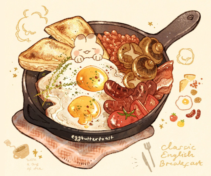 bacon beans bread bread_slice bunny cup egg english_text food food_focus fork frying_pan garnish highres knife meat mushroom nao_(bestrollever) no_humans original realistic sausage simple_background still_life sunny_side_up_egg tomato tomato_slice vegetable