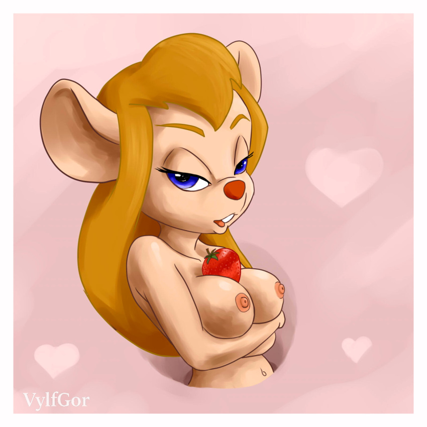 2021 anthro big_breasts blonde_hair breasts chip_'n_dale_rescue_rangers digital_media_(artwork) disney female food fruit gadget_hackwrench hair half-closed_eyes hi_res humanoid looking_at_viewer mammal mouse murid murine narrowed_eyes open_mouth plant rodent solo strawberry vylfgor