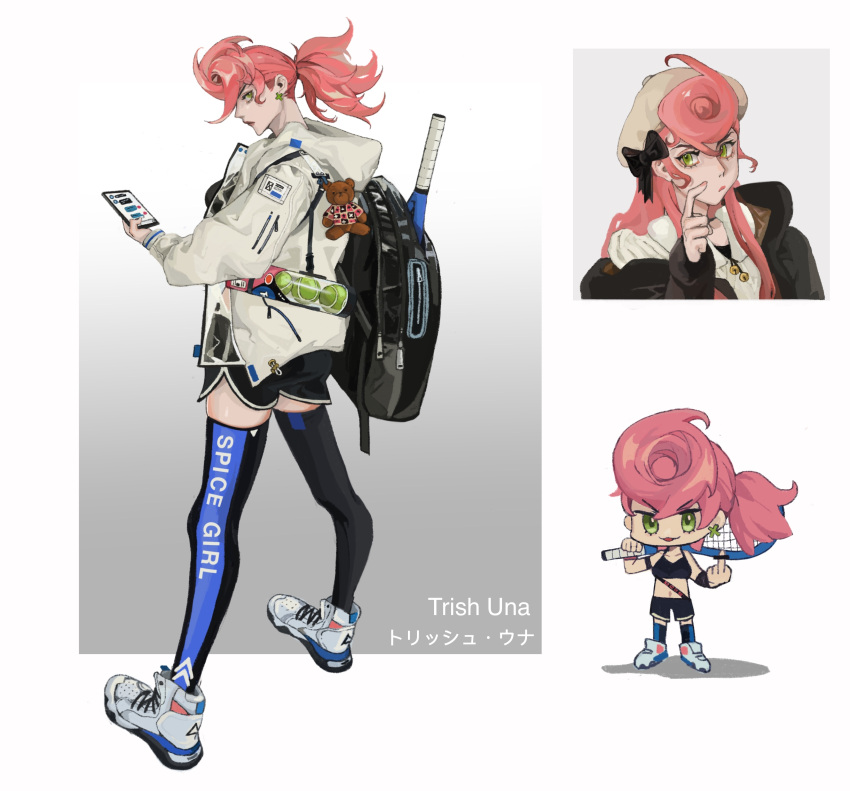 1girl absurdres alternate_costume alternate_hair_length alternate_hairstyle backpack bag ball bar_censor bell beret black_bow black_coat black_legwear black_nails black_shorts bow cellphone censored censored_gesture character_name charm_(object) chibi chinese_commentary clothes_writing coat commentary_request cross cross_earrings dolphin_shorts earrings eyebrows_visible_through_hair fingernails full_body greek_cross green_eyes hand_up hat high_tops highres holding holding_phone hood hood_down hooded_jacket index_finger_raised jacket jewelry jingle_bell jojo_no_kimyou_na_bouken long_hair long_sleeves looking_at_viewer looking_back middle_finger multiple_sources multiple_views nail_polish over_shoulder phone pink_hair pink_nails pocket ponytail portrait racket scratching_cheek see-through shadow shoes shorts sideways_glance smartphone sneakers sports_bra standing stuffed_animal stuffed_toy sweater teddy_bear tennis_ball tennis_racket text_messaging thighhighs trish_una v-shaped_eyebrows vento_aureo white_footwear white_jacket white_sweater xubeichaoyansuan zipper