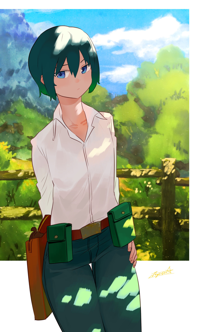 1girl absurdres androgynous belt blue_eyes blue_sky brown_belt closed_mouth collared_shirt cowboy_shot day denim fence fingernails flat_chest green_hair green_pants gun hair_between_eyes hand_on_hip handgun highres holster jeans kino_(kino_no_tabi) kino_no_tabi looking_at_viewer nature outdoors outside_border pants pistol pouch revolver ryusei_hashida shirt short_hair signature sky solo standing thigh_gap tree weapon white_shirt wing_collar wooden_fence