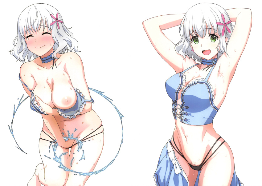 1girl a1 absurdres amagi_brilliant_park armpits arms_behind_back arms_up black_panties blue_hair blue_neckwear blush breast_grab breasts choker cleavage closed_eyes closed_mouth collarbone eyebrows_visible_through_hair fingering flower grabbing green_eyes groin hair_flower hair_ornament hand_in_panties highres large_breasts looking_at_viewer masturbation multiple_views muse_(amaburi) navel nipples open_mouth panties shiny shiny_hair short_hair simple_background skindentation smile standing sweat thong underwear white_background