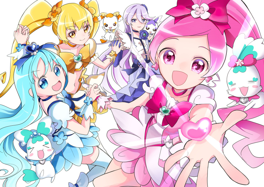 4girls absurdres blonde_hair blue_choker blue_dress blue_hair bow brooch choker chypre_(heartcatch_precure!) closed_eyes coffret_(heartcatch_precure!) cologne_(heartcatch_precure!) cure_blossom cure_marine cure_moonlight cure_sunshine dress elbow_gloves gloves hanasaki_tsubomi heartcatch_precure! high_ponytail highres jewelry kurumi_erika long_dress long_hair magical_girl maruiusausagi multiple_girls myoudouin_itsuki open_mouth orange_bow orange_choker orange_skirt pink_choker pink_dress pink_hair potpourri_(heartcatch_precure!) precure puffy_short_sleeves puffy_sleeves purple_hair short_sleeves simple_background single_elbow_glove skirt smile tsukikage_yuri waist_bow wavy_hair white_background white_dress yellow_bow